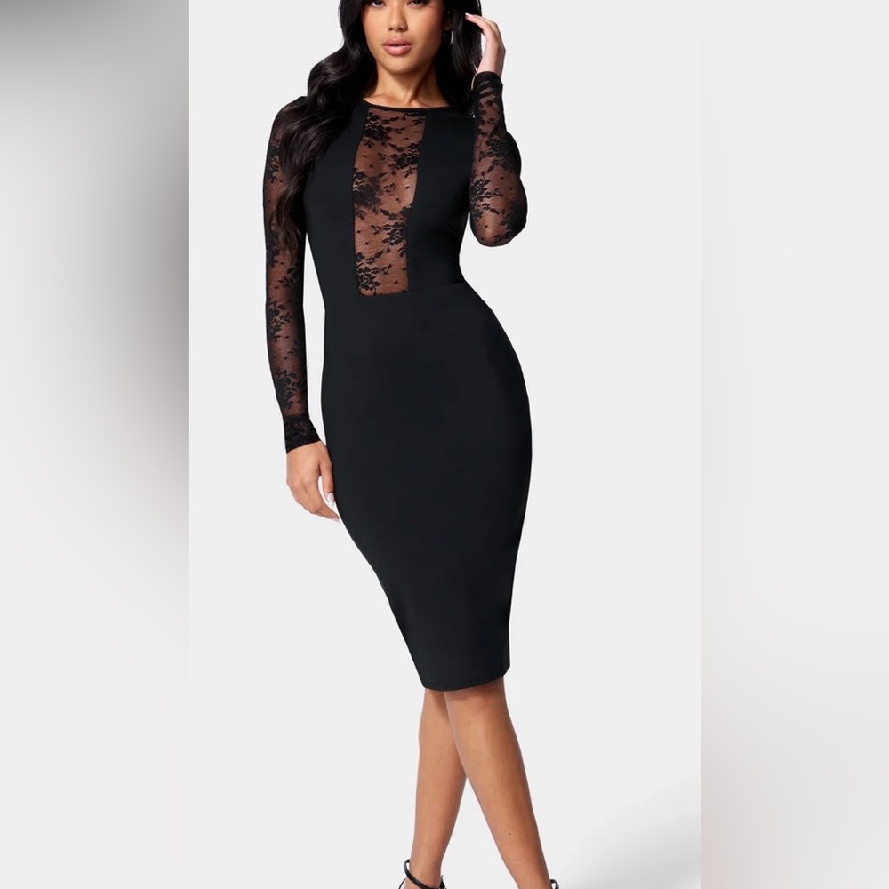 Bebe Black Sheer Lace Long Sleeve Dress